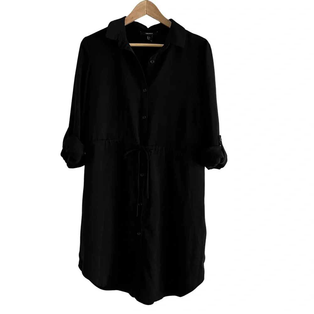 Forever 21 dress black button down dress with tie waist - Picture 2 of 7